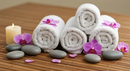 Sierkussen Spa Rolled white towels with purple orchids stones and a candle on a bamboo mat  © Miracle