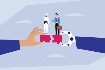 Human and AI partnership and collaboration. A robot and a businessman shaking hands on a connecting puzzle piece, held up by human and robotic hands 2d flat vector illustration