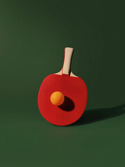 High quality sports background, Red Ping Pong Paddle and Ball on Green Background - Minimalist Sports Still Life