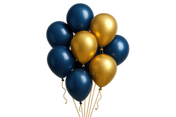 Festive gold and navy balloons floating, decorated with ribbons, creating celebratory atmosphere against transparent backdrop