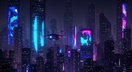 Futuristic city skyline at night with glowing buildings and flying vehicles exploring the urban landscape.