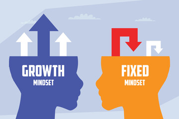 Growth Mindset vs. Fixed Mindset. Two head silhouettes facing each other, one with 