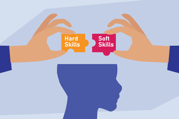 Hard Skills and Soft Skills working together. Two hands are placing puzzle pieces labeled 