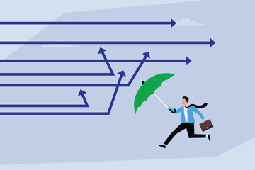 Obraz premium Business protection from risks and challenges. A businessman uses an umbrella to deflect several arrows pointing at him, symbolizing protection from business risks. 2d flat vector illustration