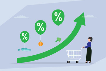 Inflation and price increase. A businesswoman with a shopping cart watches as groceries tied to balloons with percentage symbols float away on a growing arrow chart. 2d flat vector illustration