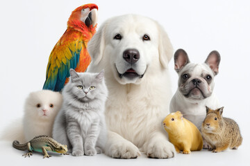 Group of various pets posing together on a white background