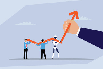 Human and AI partnership for business growth. A team of people and a robot are helping to lift a growing financial arrow, while a giant hand provides support and guidance 2d flat vector illustration