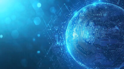 A futuristic digital globe surrounded by abstract circuitry and glowing particles.
