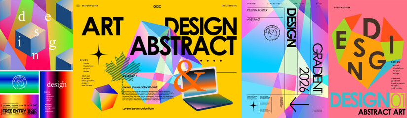 Fototapeta na wymiar Design. Abstract collage. Vector modern illustration of geometric shapes, objects, crystal, gradient, 3d isometric, typography, layout, notebook for poster, banner, background or cover