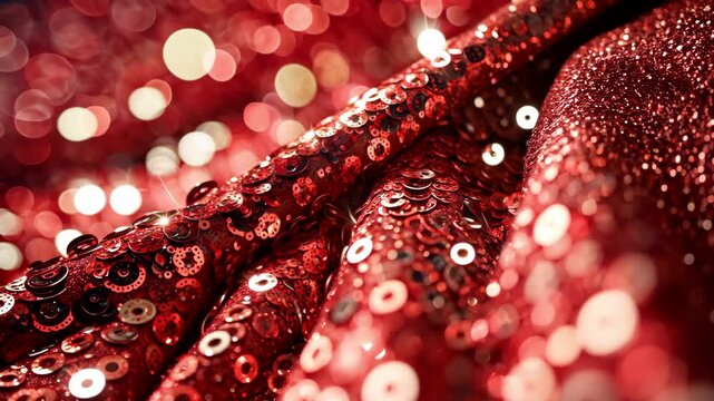 Red sequins fabric surface with reflective shiny texture and soft glowing bokeh lights creating festive background