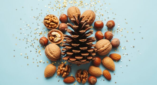 A festive arrangement of a pine cone, walnuts, hazelnuts, and almonds on a light blue background with sparkling gold glitter, evoking a cozy holiday or autumn atmosphere.