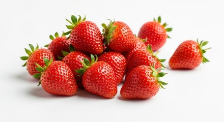 A vibrant pile of fresh, ripe red strawberries with green caps, isolated on a clean white background, showcasing their natural beauty and delicious appeal.