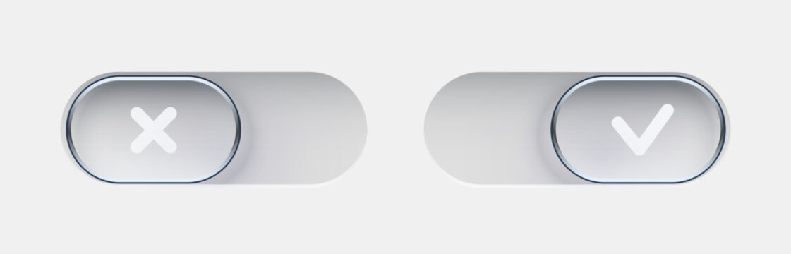 On and Off toggle switch buttons. Modern liquid glass button set. Material design switch set.