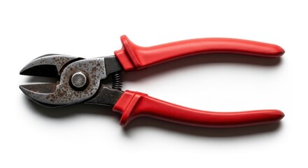 Obraz premium Rusty wire cutters with red handles, isolated on a white background. This old, worn hand tool is ready for repair, construction, or DIY projects, showcasing its weathered metal and functional design.