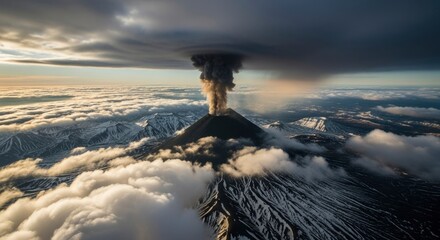 Aerial view of a majestic volcano erupting, spewing a massive ash plume into the dramatic sky above snow-capped mountains and a serene cloudscape at sunset.