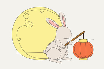 Colored Mid autumn festival concept one-line drawing