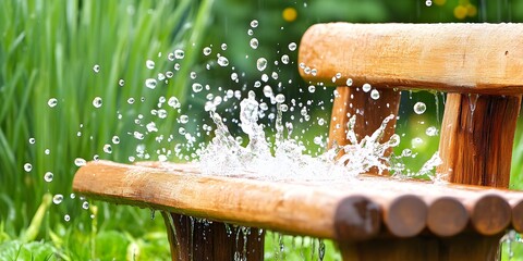 Splashing water droplets on a wooden park bench amidst lush green foliage rain wet