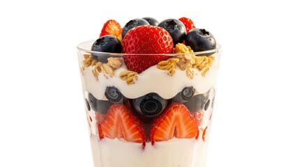 Healthy and colorful yogurt parfait layered with fresh strawberries, blueberries, and crunchy granola in a glass, isolated on a white background. A delicious and nutritious breakfast or snack.