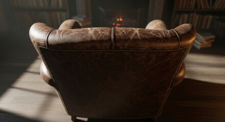 Naklejka premium Back view of a classic brown leather armchair in a dimly lit study, featuring rich textures, warm lighting, and a blurred background of books and a fireplace.