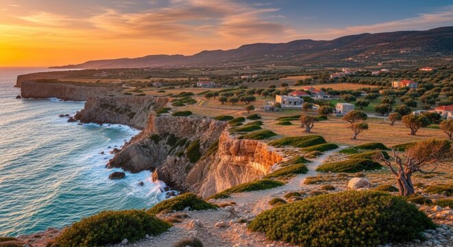 A beautiful coastal landscape at golden hour, featuring rugged cliffs, the sparkling sea, olive groves, and traditional houses under a vibrant sky.