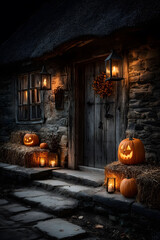 Obraz premium Halloween Night: Illuminated Stone Cottage with Jack-o'-Lanterns