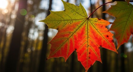 Fototapeta premium A close-up of a vibrant maple leaf, transitioning from green to red, covered in glistening water droplets. Sunlight backlights the leaf, creating a beautiful autumn scene with bokeh.
