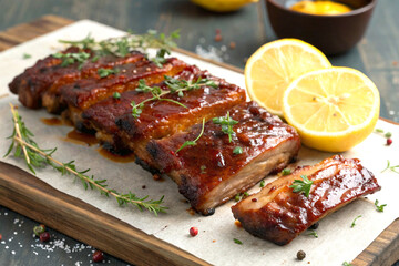 Delicious pork ribs with caramelized glaze and herbs served with fresh lemon
