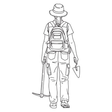 archaeologist with tools, backpack, back view clip art preview