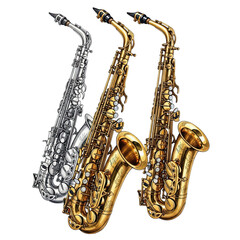 Naklejka premium Three gleaming musical instruments a silver and two golden saxophones isolated on transparent background