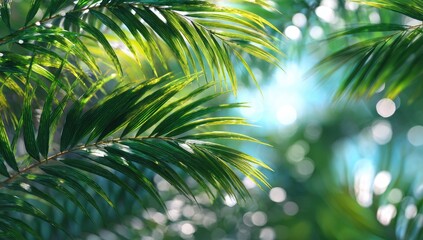 Close-up of vibrant palm fronds, sunlight filtering through leaves.  Blurred background of lush greenery