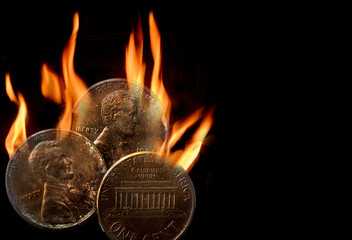 Three old antiquated pennies burning in flames