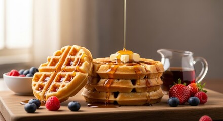 Delicious golden waffles stacked high, drizzled with rich maple syrup and topped with butter, surrounded by fresh blueberries, raspberries, and strawberries, perfect for a hearty breakfast.
