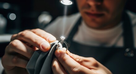 A skilled jeweler meticulously polishes a sparkling diamond engagement ring under a bright light, highlighting its exquisite brilliance and the intricate craftsmanship involved in fine jewelry making.