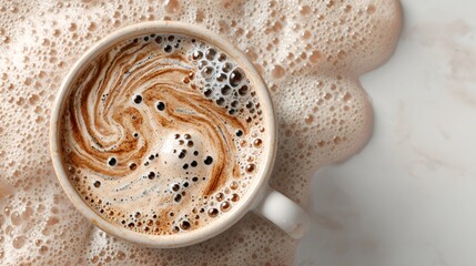 Overflowing coffee cup creating abstract foam patterns on marble surface