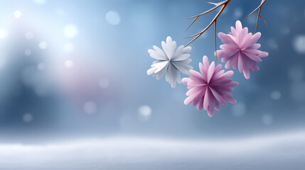 Naklejka premium Pastel pink white flower decoration hanging on branch with blurred christmas theme background in soft winter light