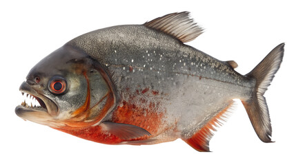 Isolated piranha fish close up portrait with sharp teeth and red belly predatory freshwater species