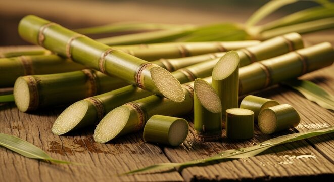 Freshly cut green sugarcane stalks and segments arranged on a rustic wooden surface with leaves, highlighting the natural sweetness and raw form of this tropical plant.