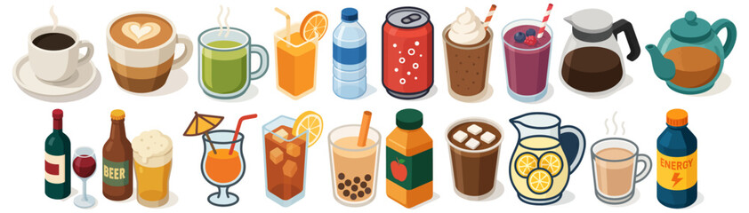 Isometric Pixelated Refreshing Beverage Icon Set for Game and App Design