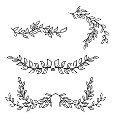 Twigs with leaves, black and white sketch, simple drawing. Vector illustration. Floral botanical wreath, set of silhouette frames isolated on white background. For postcards, invitations and logos