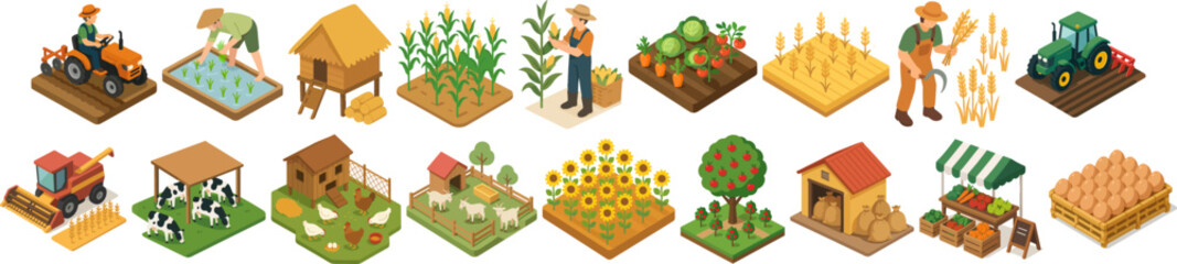 Isometric Detailed Farm and Agriculture Elements Scene Farm and Agriculture