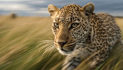 Fototapeta premium Close-up of a leopard stalking through tall grass (1)