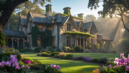 Fototapeta premium Orchid Dawn Manor - Classic Houses in the wilderness blending timeless design with vibrant morning light and forest surroundings, creating a peaceful sanctuary that celebrates nature’s beauty