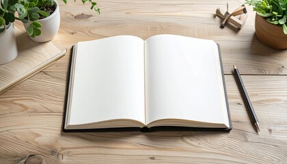 Open Notebook on a Wooden Desk with Plants, Pencil, and Airplane Model A Workspace Scene