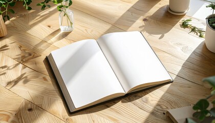 Fototapeta premium Bright sunlit blank notebook open on a wooden floor, surrounded by green plants, creating a peaceful space for creativity, journaling, and thoughtful reflection