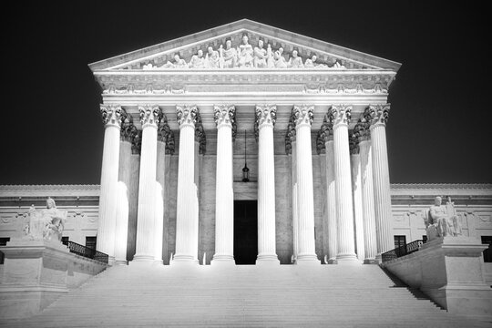 Facade of United States Supreme Court, black and white