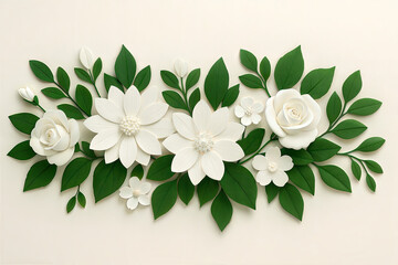 Delicate white paper flowers and lush green leaves arrangement botanical artistry for design projects white background