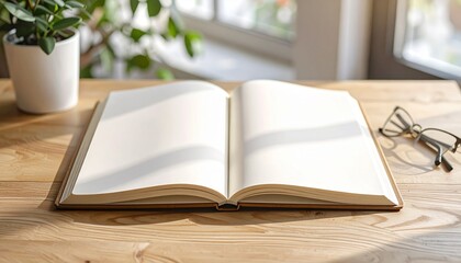 A quiet moment for study or creativity with an open book, blank pages, and glasses on a sunlit wooden desk