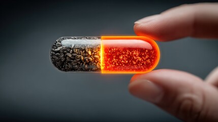 A hand holds a glowing pill