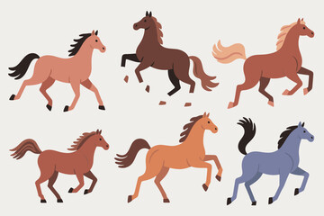 Set of cartoon horses galloping in various colors