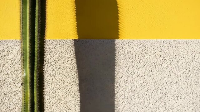 Cactus casting a shadow on a yellow and textured white wall